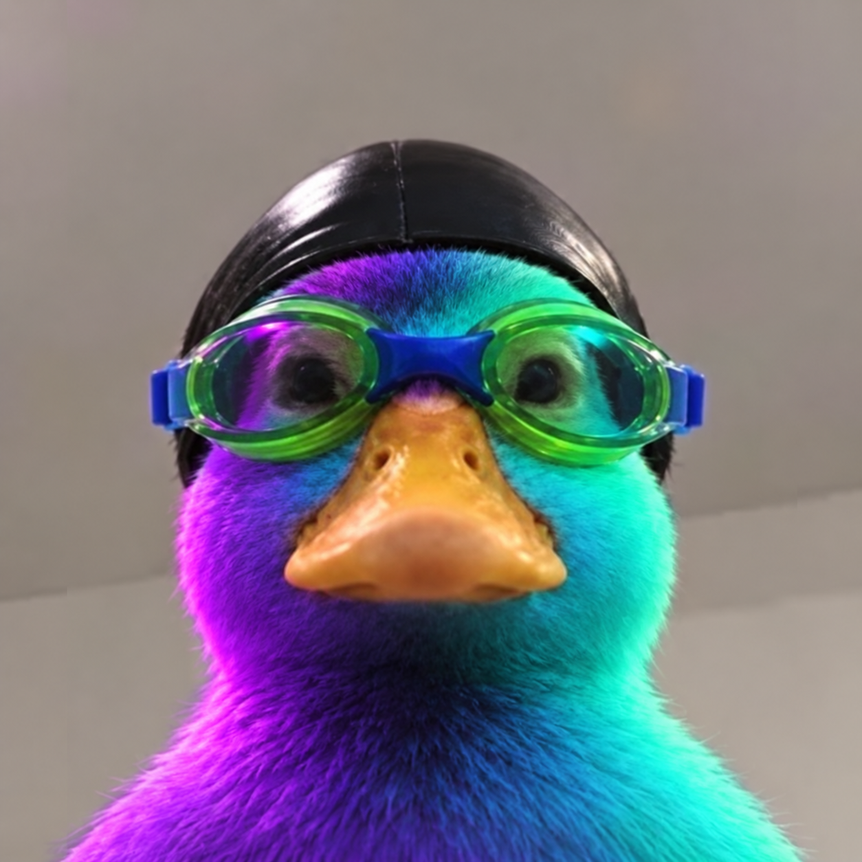 Nas Sol, a neon blue and purple duck in green swim goggles